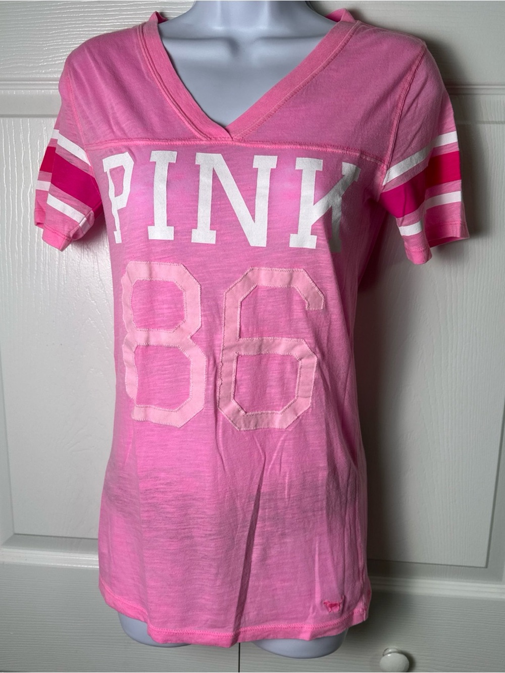 PINK Victoria's Secret Pink V-Neck Football Tee with White Lettering